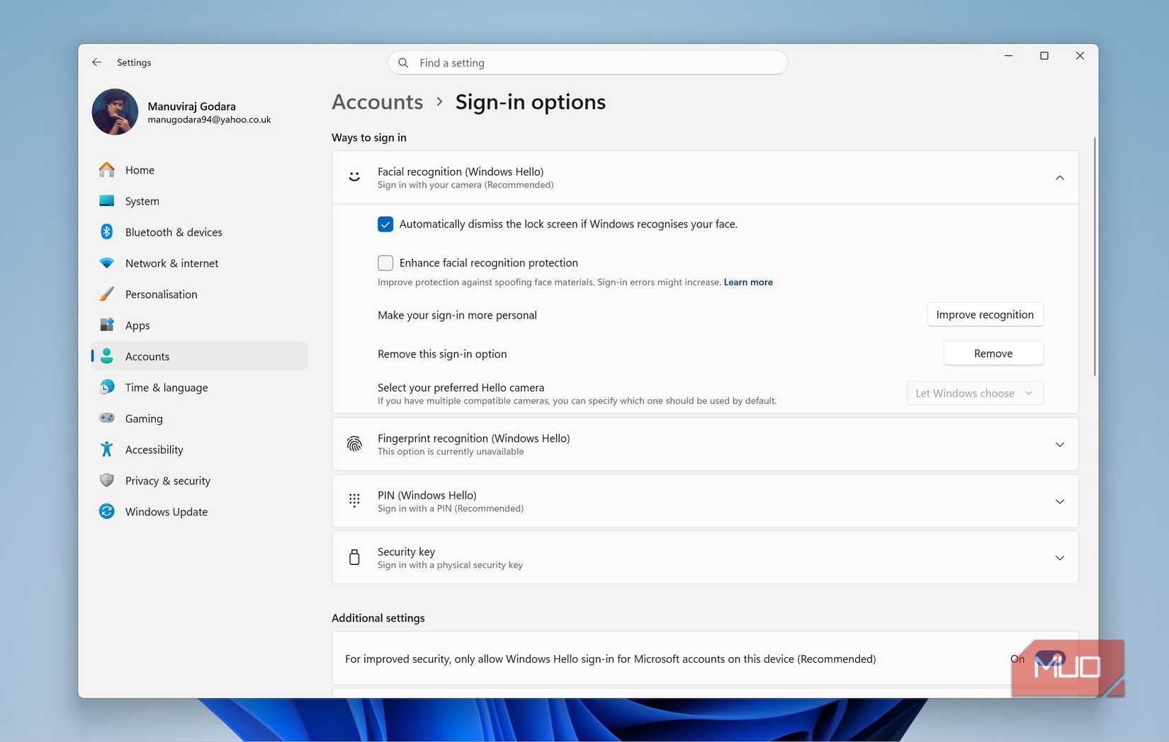 Windows Hello in Settings