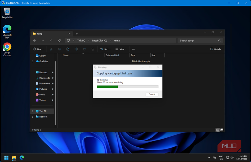 Windows copy dialog transferring cartograph3win.exe into the remote PC’s temp folder through Remote Desktop Connection