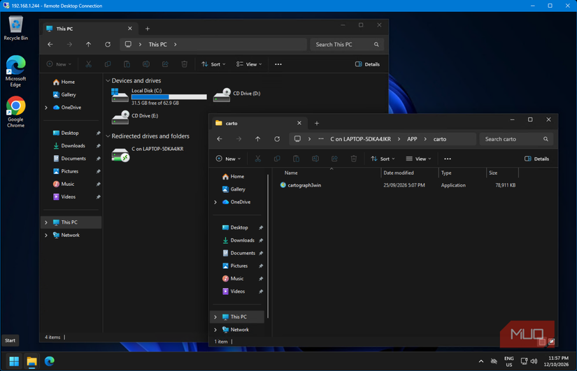 File Explorer inside an RDP session showing the laptop’s redirected C drive and its carto folder containing an application file