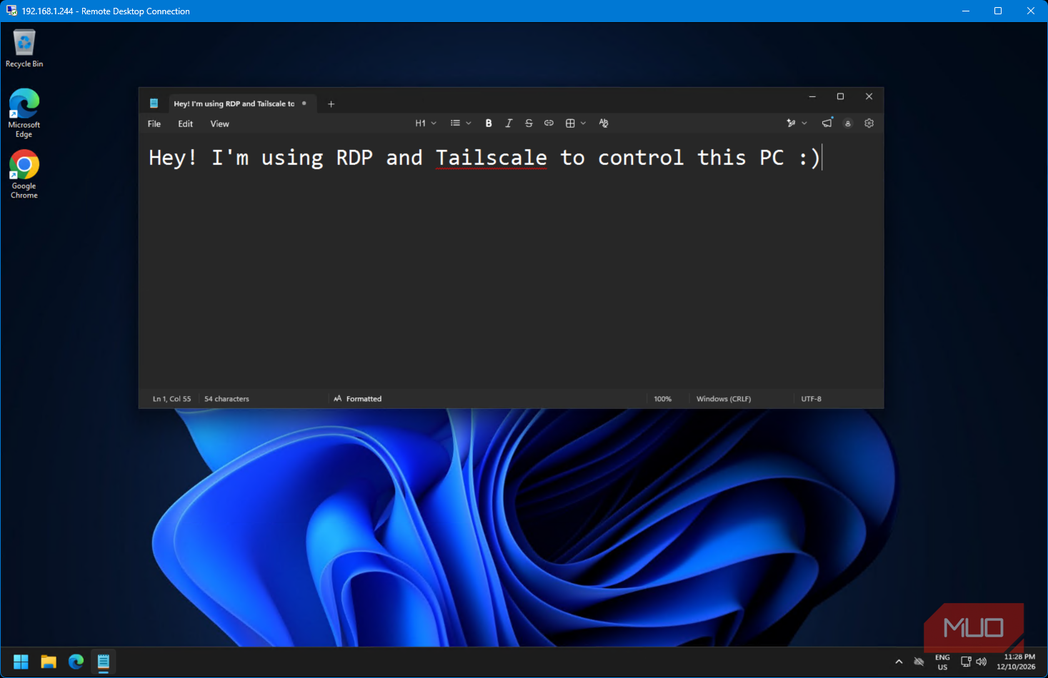 Windows 11 Remote Desktop Connection session with Notepad displaying a message about using RDP through Tailscale