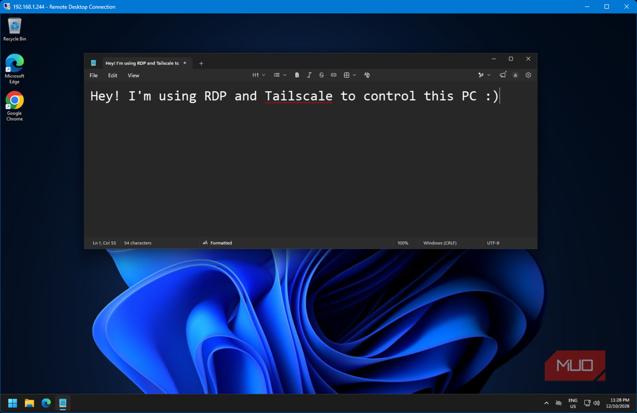 Windows 11 Remote Desktop Connection session with Notepad displaying a message about using RDP through Tailscale