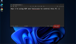 Windows 11 Remote Desktop Connection session with Notepad displaying a message about using RDP through Tailscale