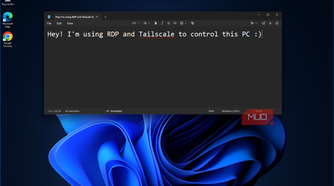 Windows 11 Remote Desktop Connection session with Notepad displaying a message about using RDP through Tailscale