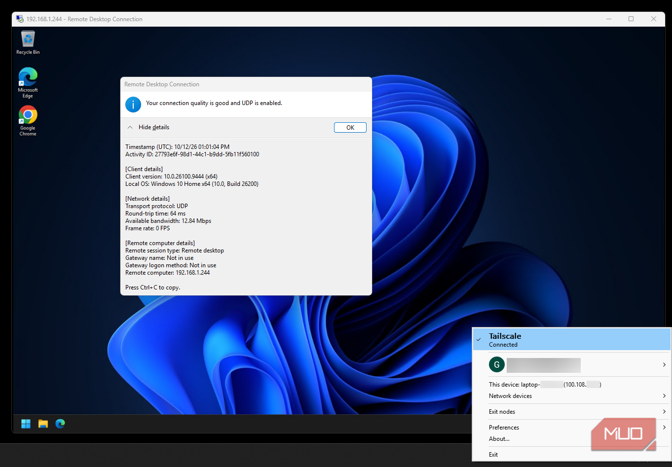 RDP connection details showing UDP transport and a 64 ms round-trip time beside the Tailscale menu showing Connected