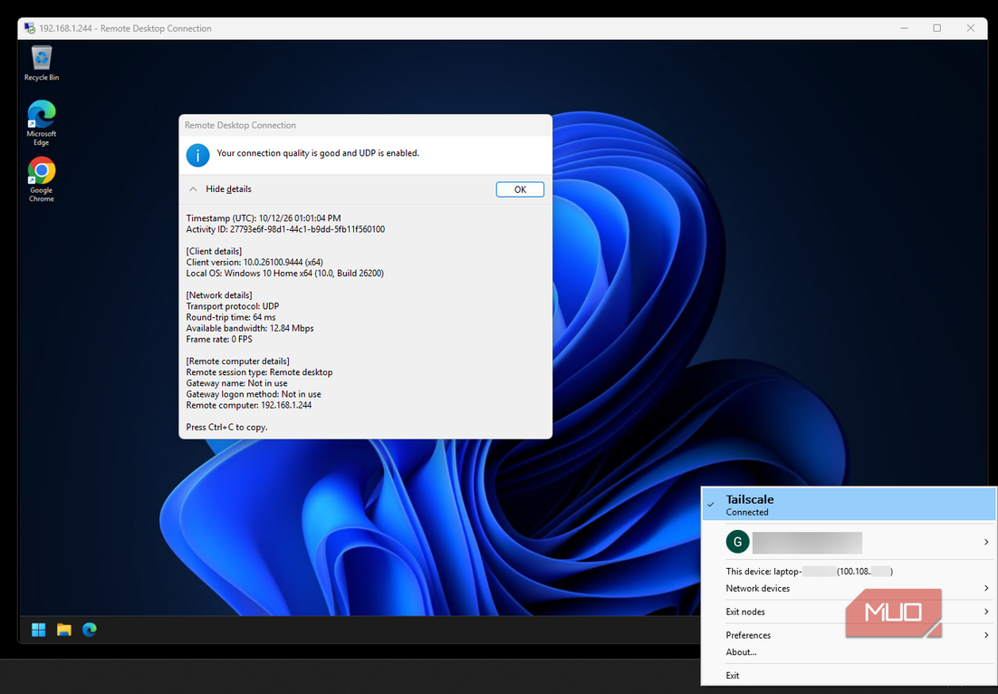 RDP connection details showing UDP transport and a 64 ms round-trip time beside the Tailscale menu showing Connected