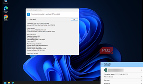 RDP connection details showing UDP transport and a 64 ms round-trip time beside the Tailscale menu showing Connected