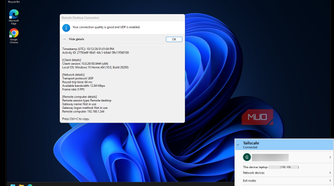 RDP connection details showing UDP transport and a 64 ms round-trip time beside the Tailscale menu showing Connected