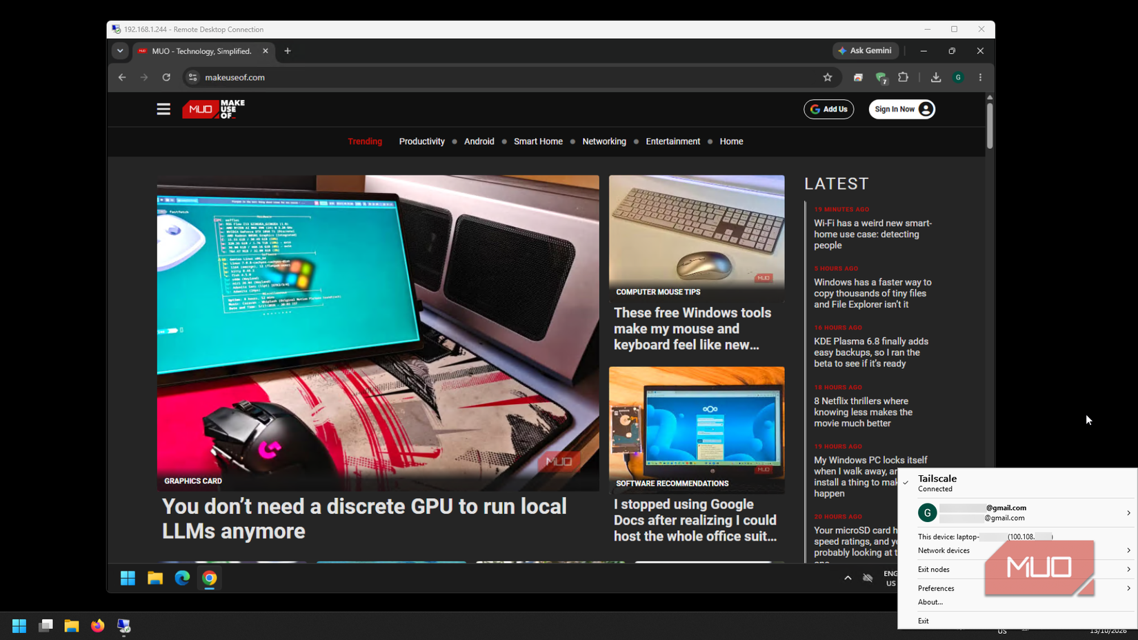Windows 11 desktop open in Remote Desktop Connection beside the Tailscale menu showing Connected