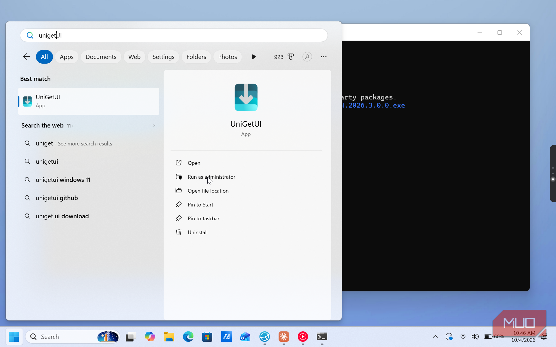 windows search results for unigetui application