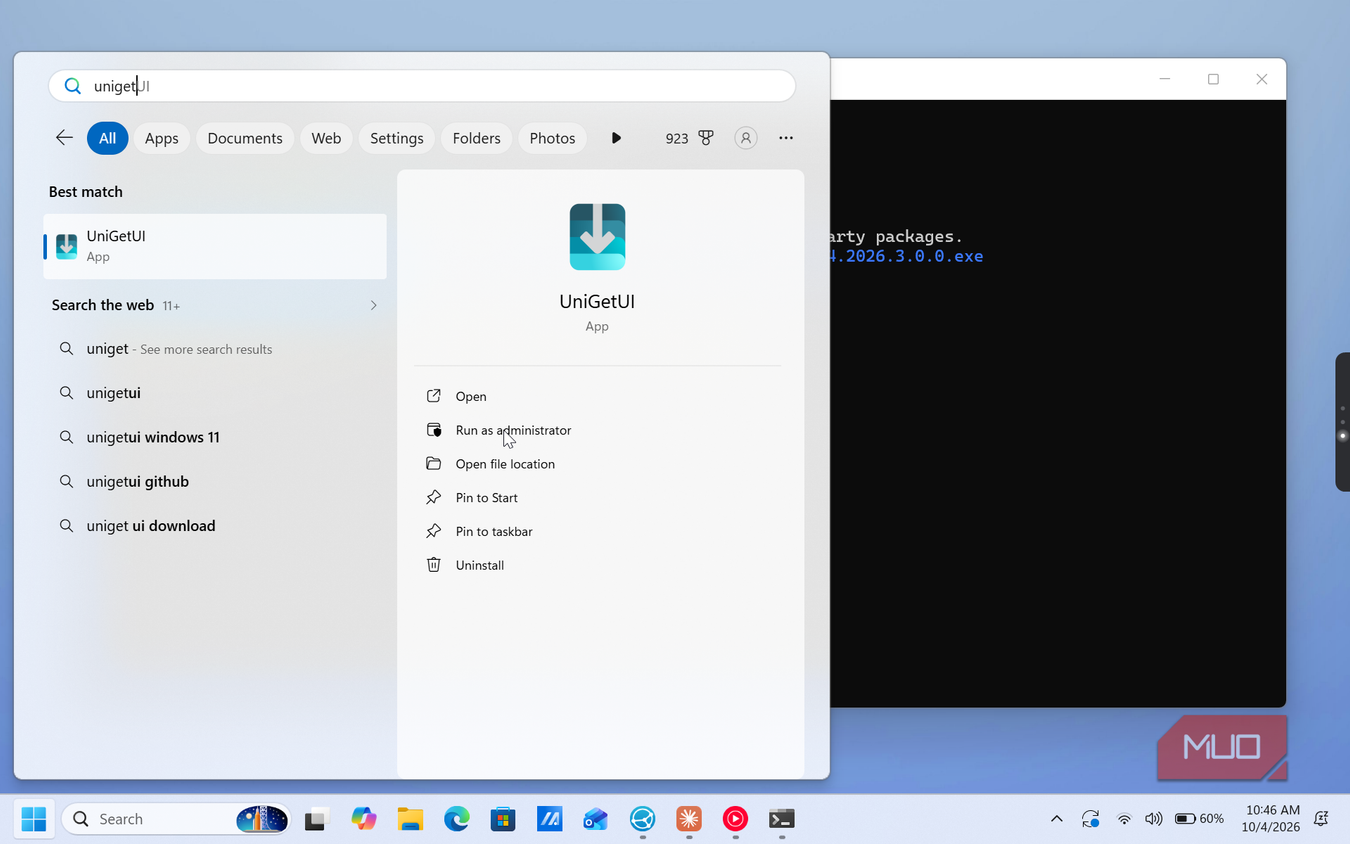 windows search results for unigetui application