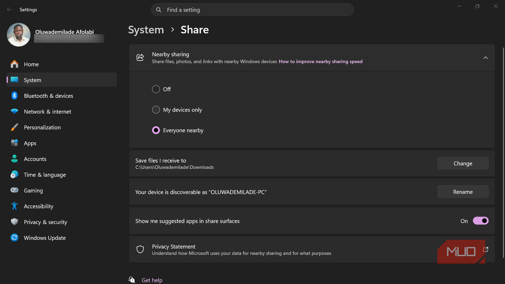 Windows settings app showing nearby sharing options.