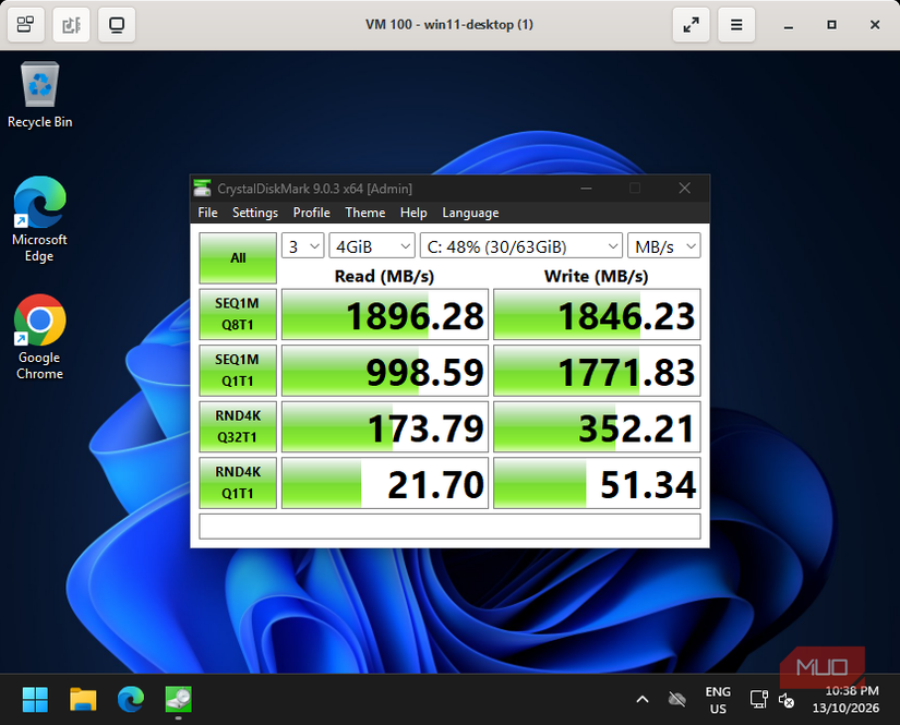 CrystalDiskMark results for the same Windows VM on a Gigabyte NVMe SSD