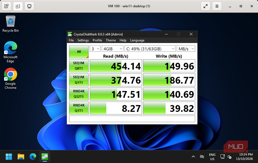CrystalDiskMark results for the Windows VM on an Intel SATA SSD
