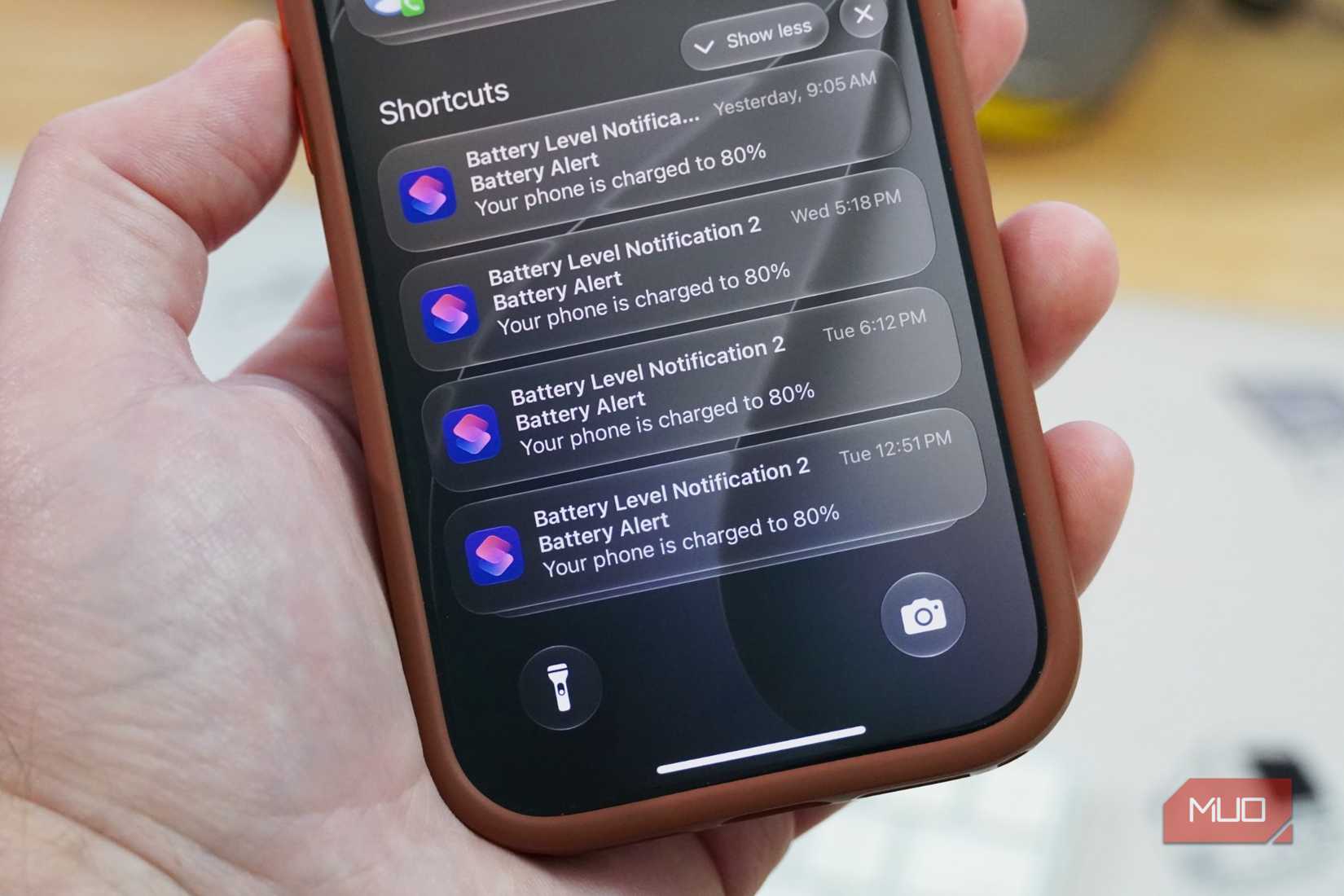 Shortcuts battery notifications on an iPhone 18 Pro.