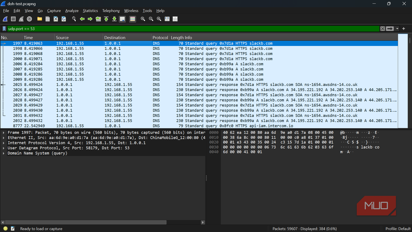 Wireshark showing plain DNS lookups on port 53 with DNS over HTTPS turned on.