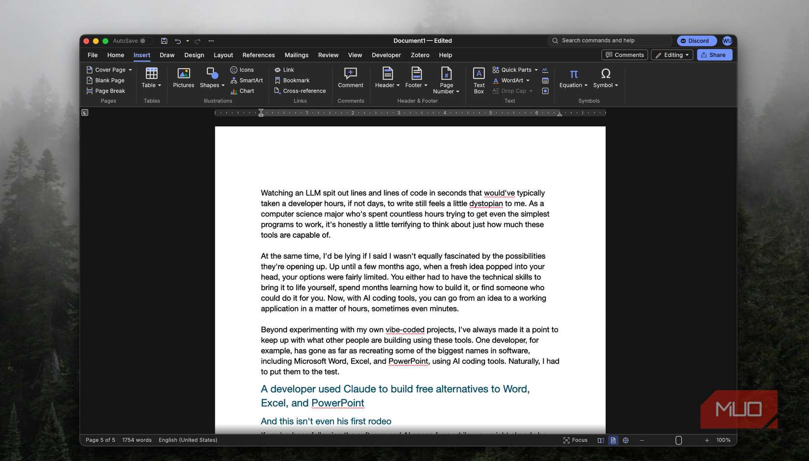 WordCraft Insert tab showing tables, pictures, shapes, links, headers and equation tools-1