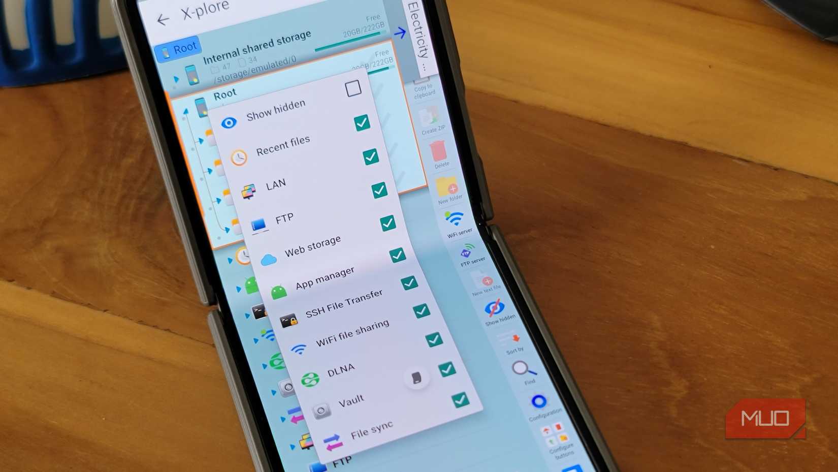 x plore file manager settings menu on a foldable phone-1