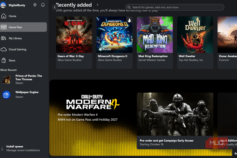 Xbox app showing games available on Xbox Game Pass