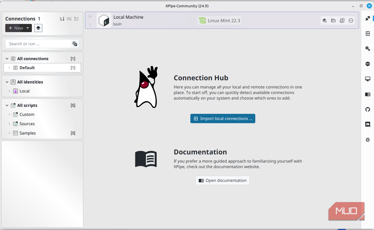 Стартовый экран приложения XPipe в среде Linux Mint