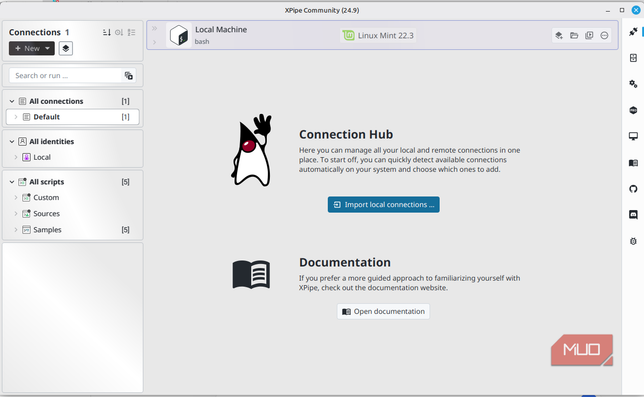 XPipe на рабочем столе Linux Mint Стартовый экран приложения XPipe в среде Linux Mint