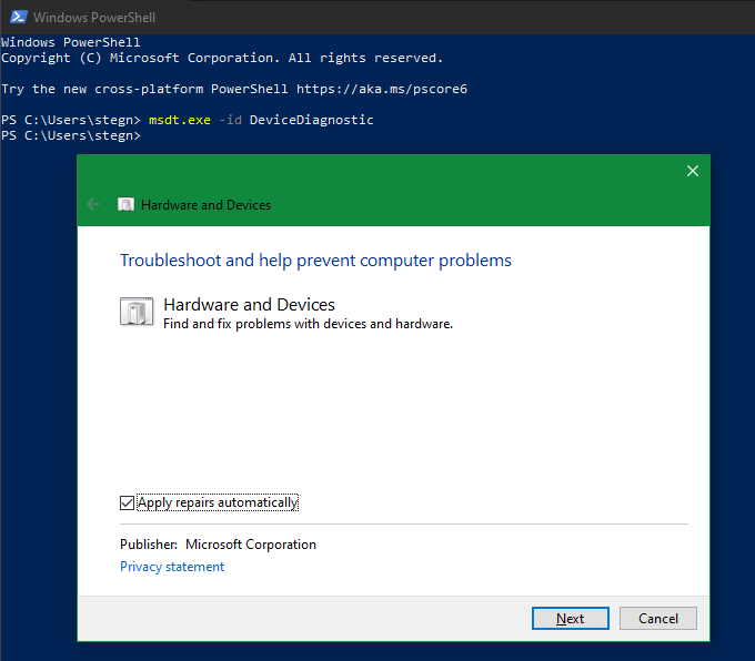 Windows PowerShell Device Troubleshooter - Correggi l’errore “Questo dispositivo non può essere avviato, codice 10” in Windows