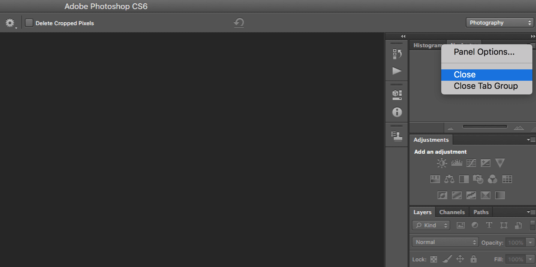 So setzen Sie das Erscheinungsbild von Adobe Photoshop auf die Standardeinstellungen zurück - close panel photoshop