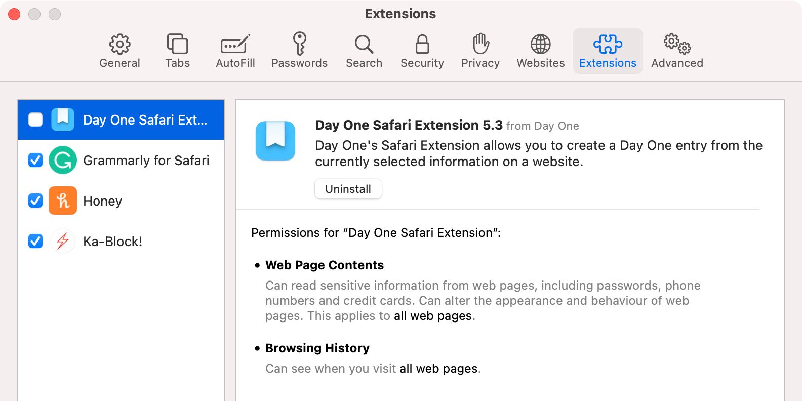 Safari Extensions options in Preferences window - 10 suggerimenti per il browser Safari per Mac per aumentare velocità e prestazioni