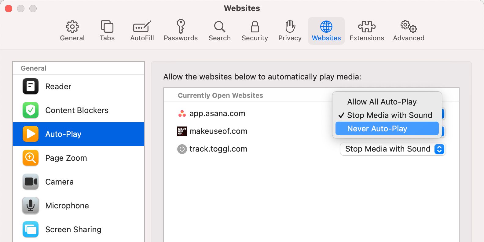 Safari Websites preferences with Auto Play option - 10 suggerimenti per il browser Safari per Mac per aumentare velocità e prestazioni