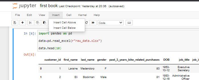 Inserting a new cell - Inizia con Jupyter Notebook: un tutorial