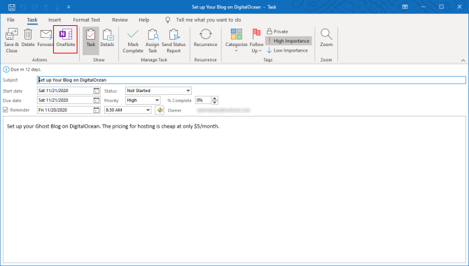 Verwandeln Sie Outlook in ein Projektmanagement-Tool mit OneNote-Integration - create a task and click the OneNote button from the ribbon