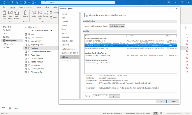 Verwandeln Sie Outlook in ein Projektmanagement-Tool mit OneNote-Integration - list of add ins in the outlook option window