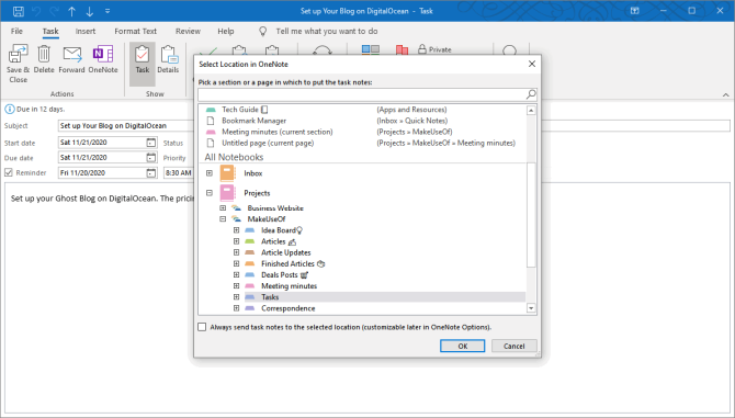 Verwandeln Sie Outlook in ein Projektmanagement-Tool mit OneNote-Integration - select a location of your task in OneNote