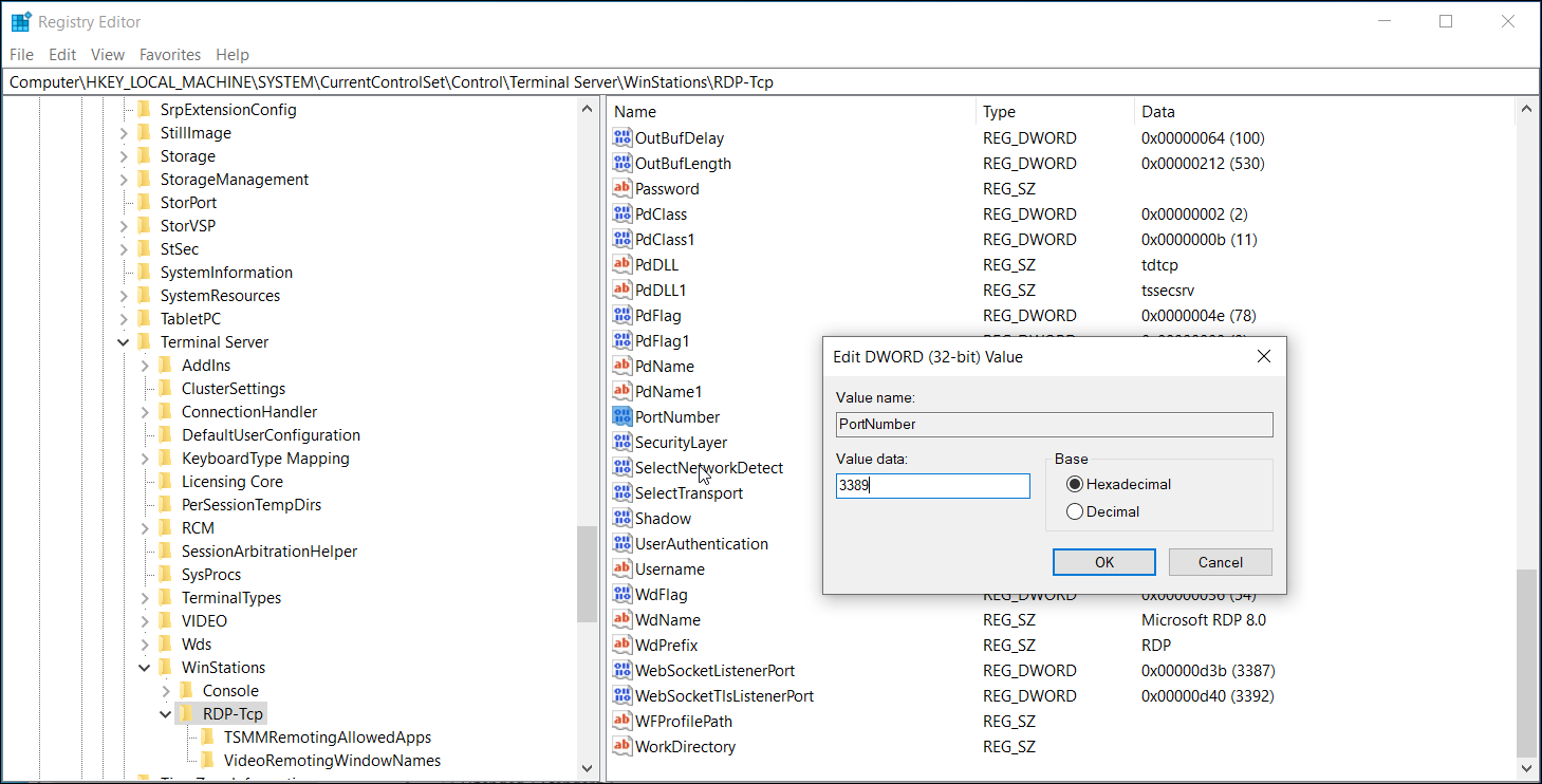 enable RDP protocol registry editor 1