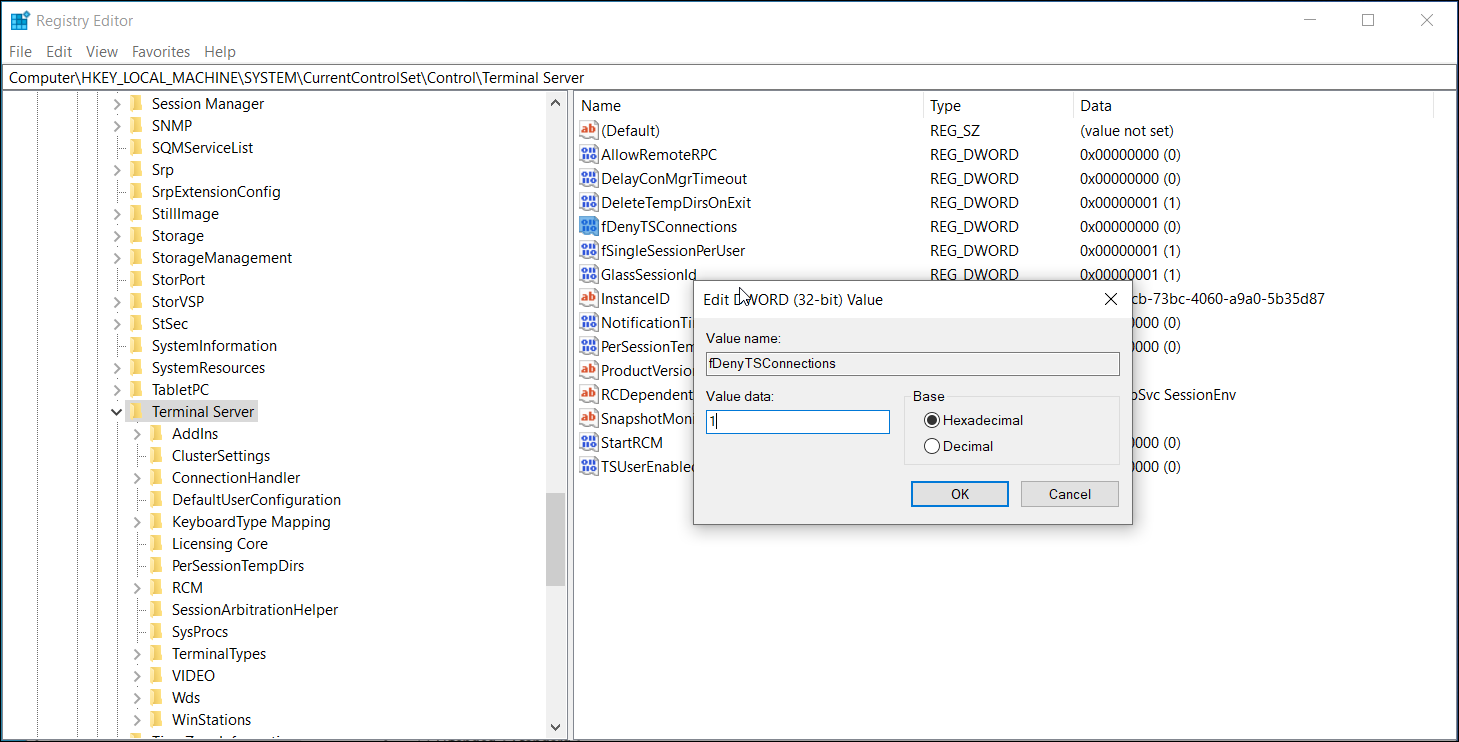 enable RDP protocol registry editor