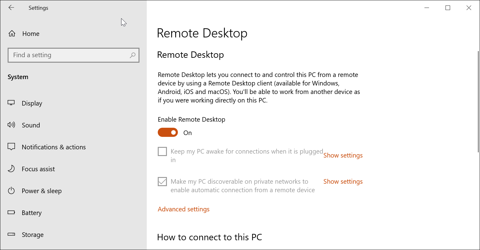 enable remote desktop Windows 10